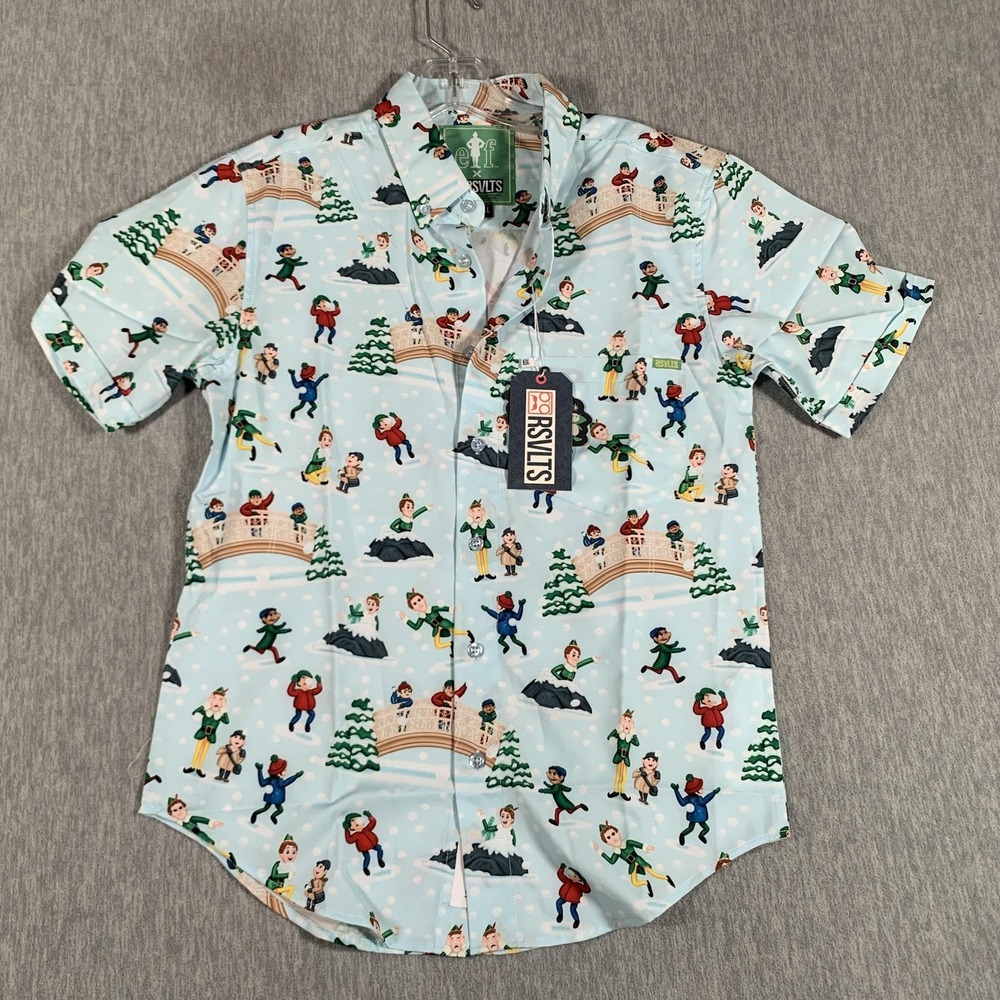 Elf X RSVLTS‎ Shirt Mens XSmall Blue KUNUFLEX Christmas Holiday Button Up